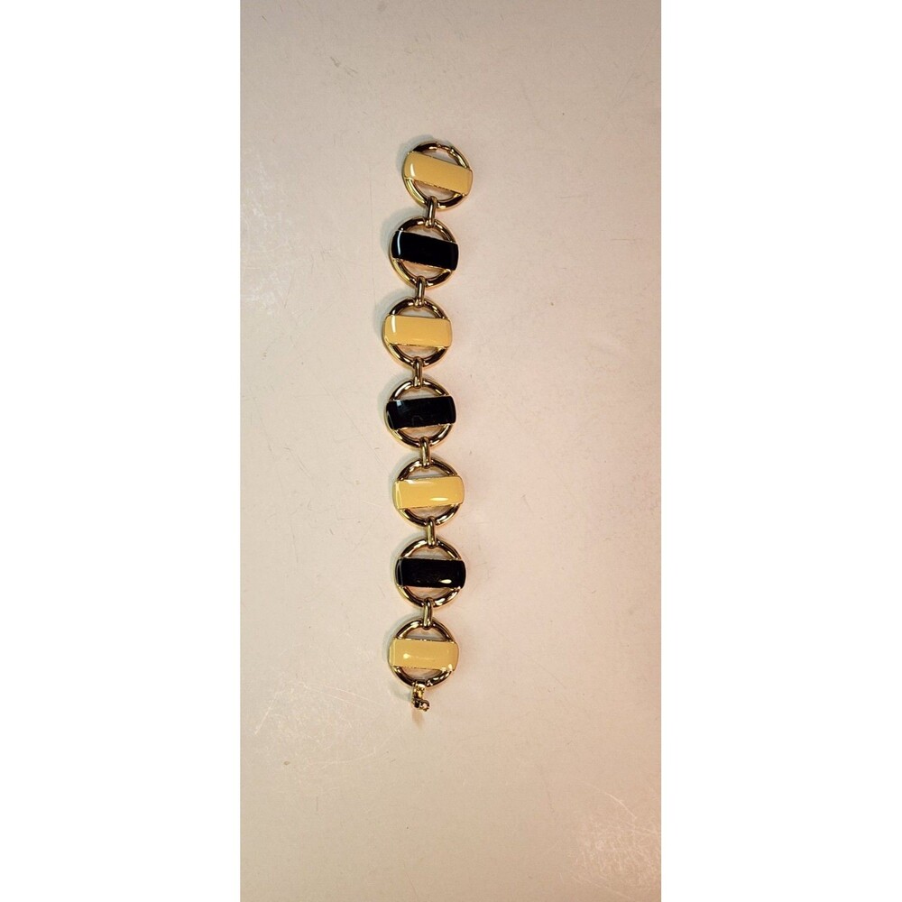Lovely Monet Vintage Gold Tone Black & Cream Enamel Striped Bracelet Read